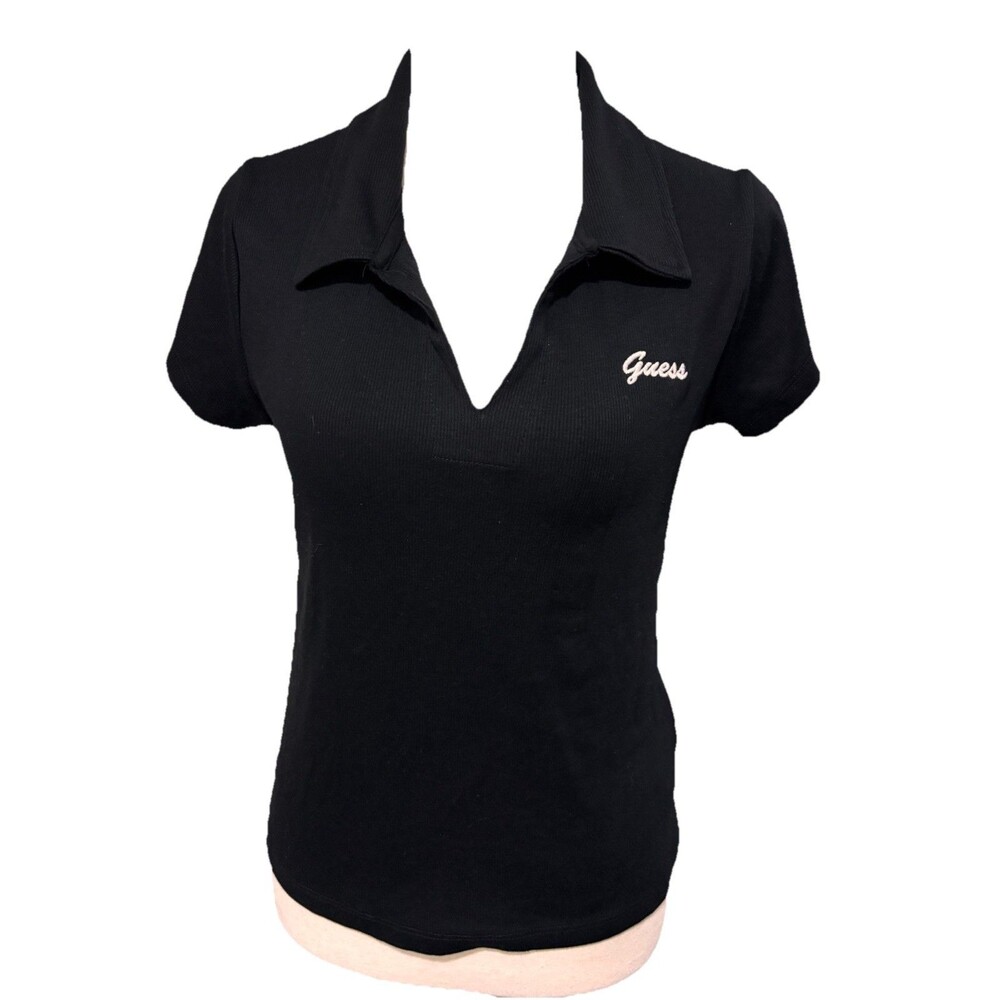 GUESS Jet Black Rafina Slim Fit Embroidered Logo Collared Polo Women's XL